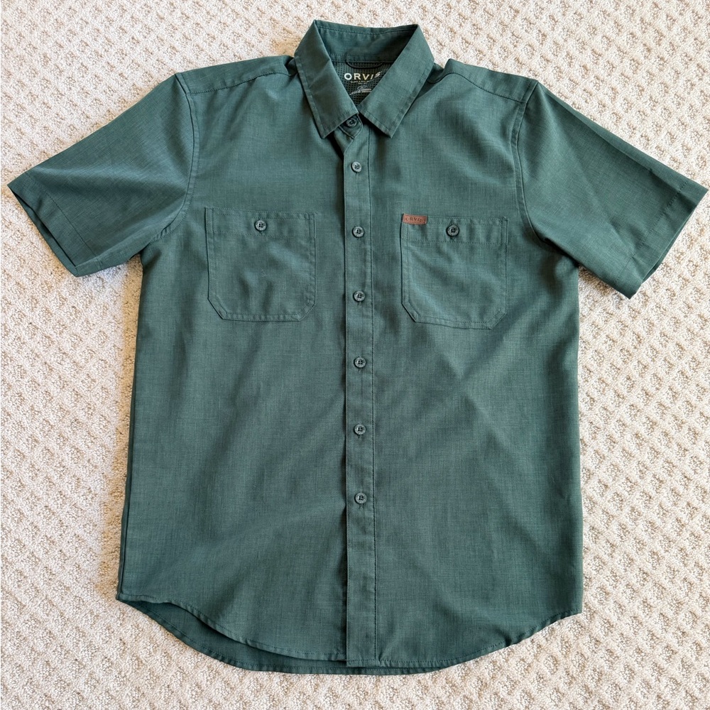 Orvis Tech Chambray Work Shirt Mens Green Button Short Sleeve Classic - Small